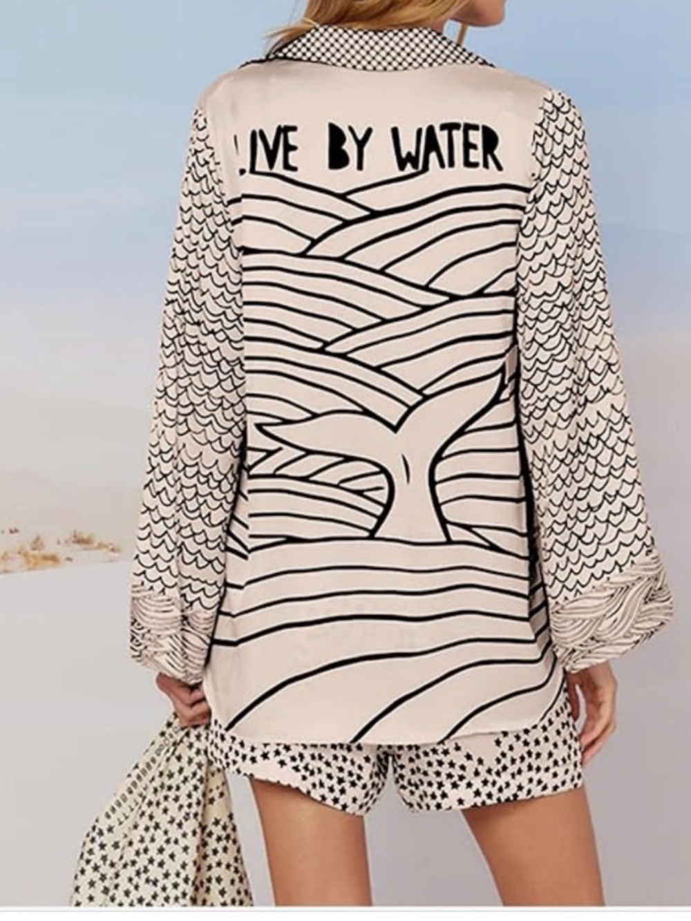 Beach Graphic Satin Lounge Set | Coastal Print Button-Up Shirt & Shorts | Vacati - Picture 6 of 10